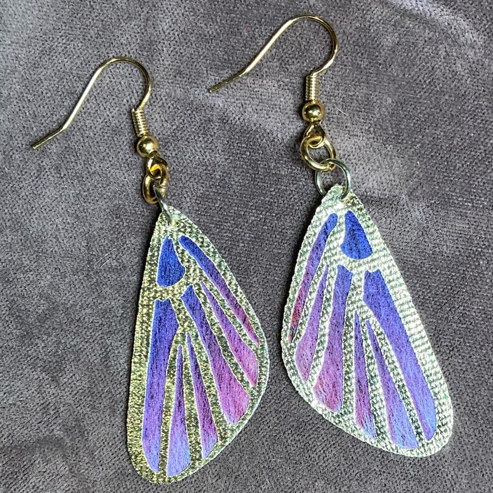 Handmade Butterfly Wings Dangle Earrings Fabric Gold Metallic Gold-Plate Hooks